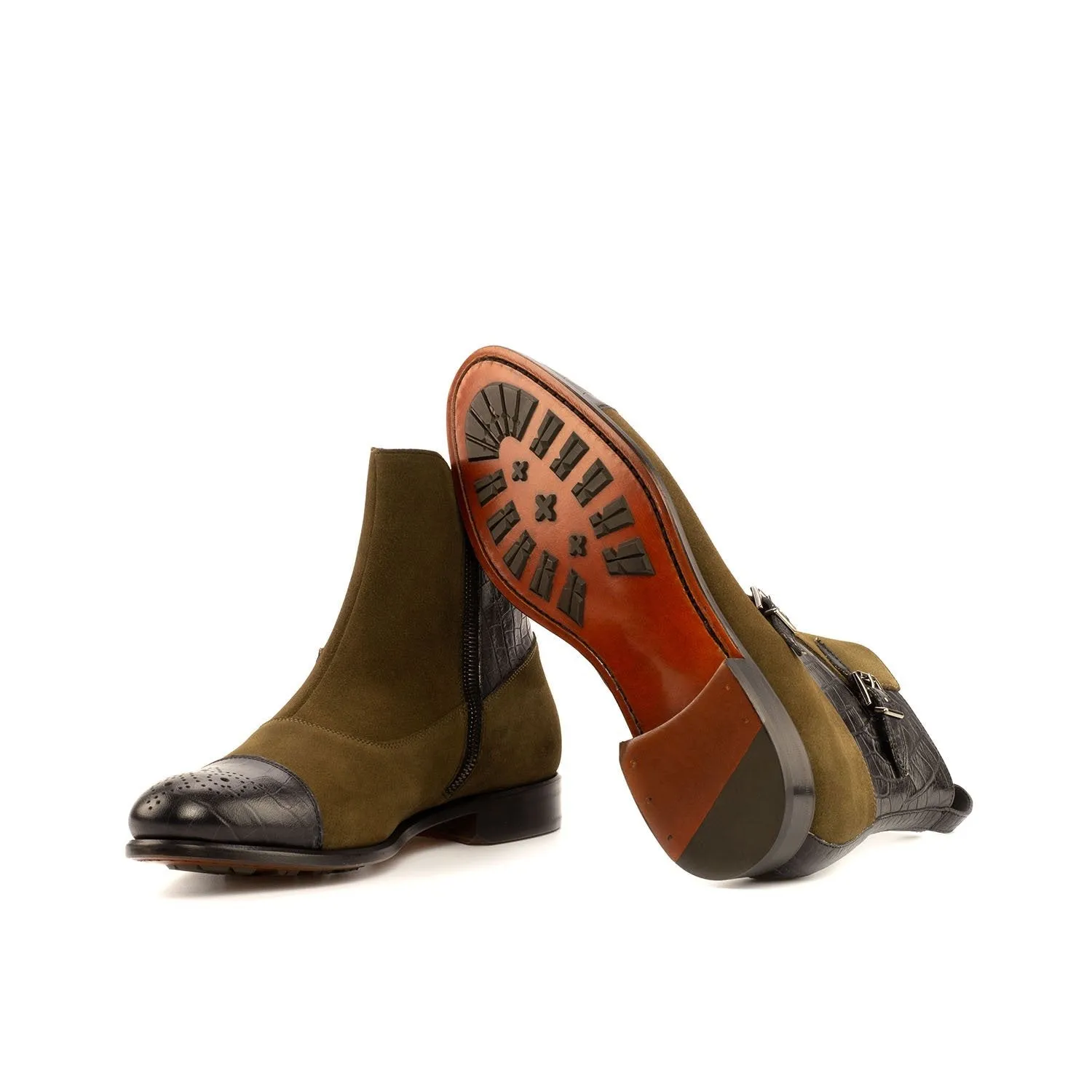 Ambrogio Bespoke Custom Men's Shoes Black & Khaki Crocodile Print / Suede Leather Buckle Boots (AMB1996)