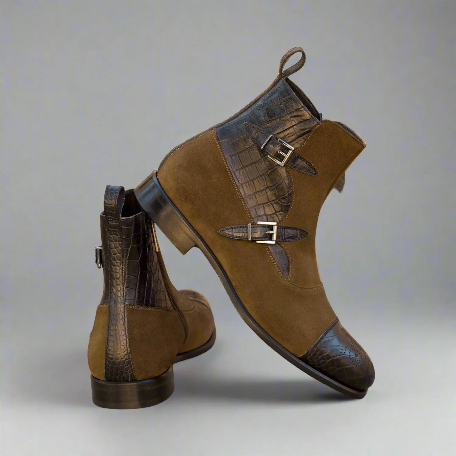 Ambrogio Bespoke Custom Men's Shoes Black & Khaki Crocodile Print / Suede Leather Buckle Boots (AMB1996)