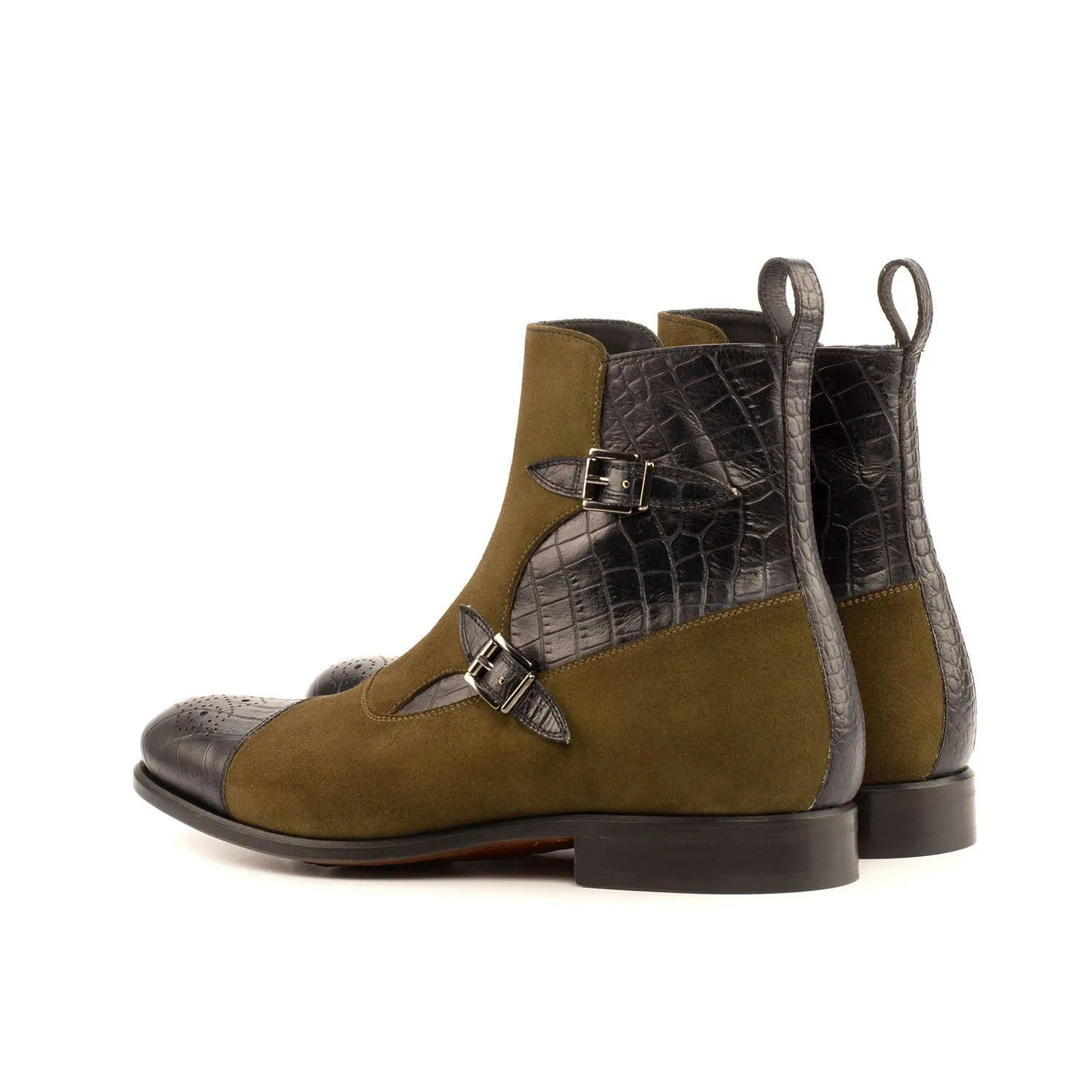 Ambrogio Bespoke Custom Men's Shoes Black & Khaki Crocodile Print / Suede Leather Buckle Boots (AMB1996)