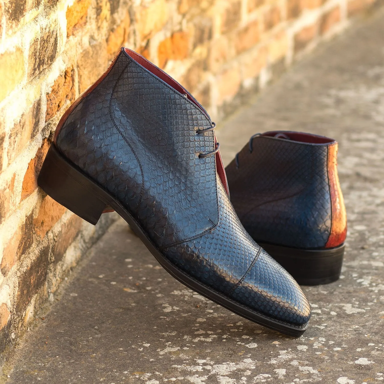 Ambrogio Bespoke Custom Men's Shoes Navy & Red Exotic Snake-Skin Chukka Boots (AMB1874)