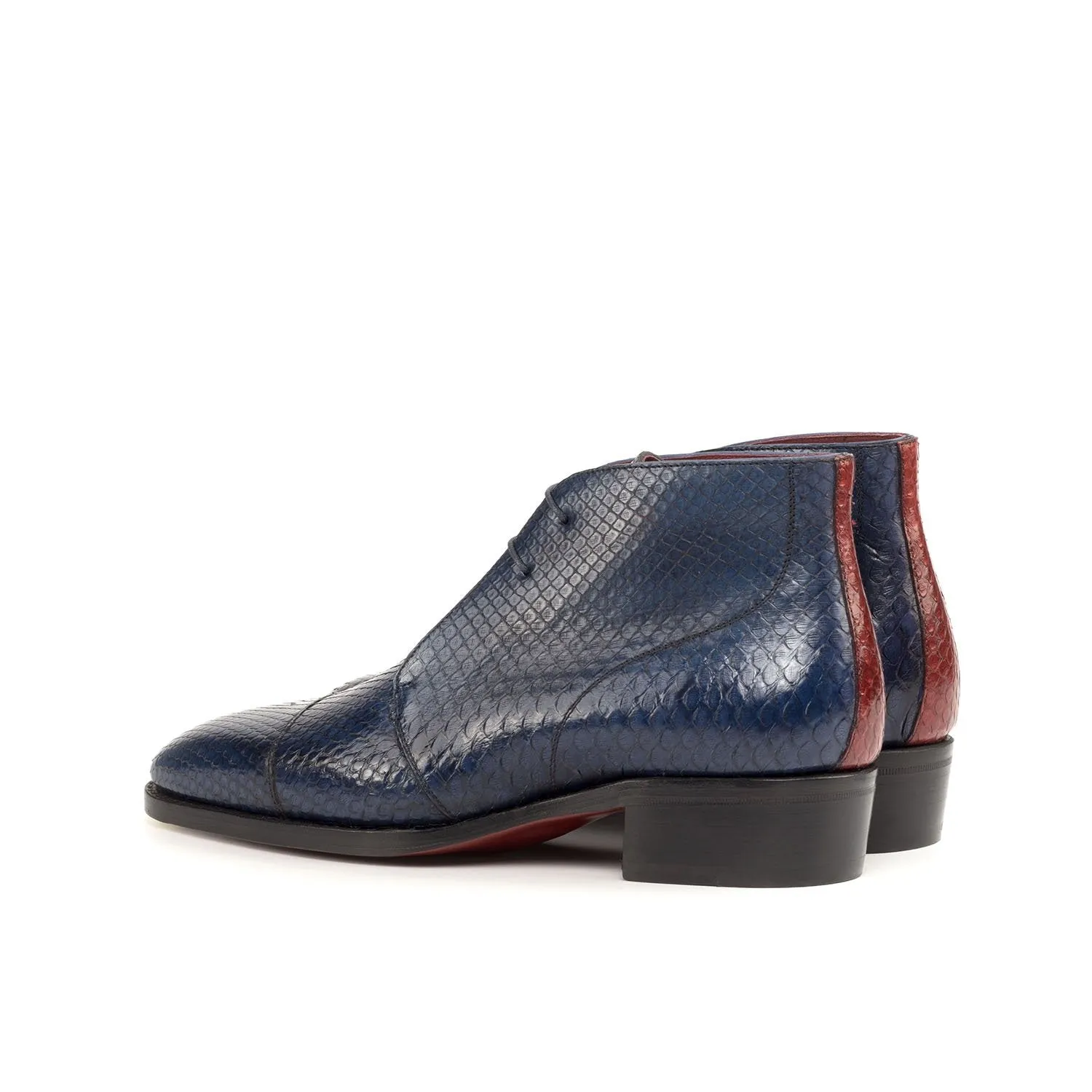 Ambrogio Bespoke Custom Men's Shoes Navy & Red Exotic Snake-Skin Chukka Boots (AMB1874)
