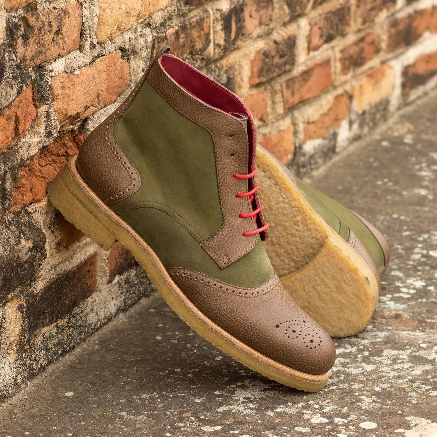 Ambrogio Bespoke Custom Women's Custom Made Shoes Green & Brown Suede / Full Grain Leather Brogue Boots (AMBW1040)