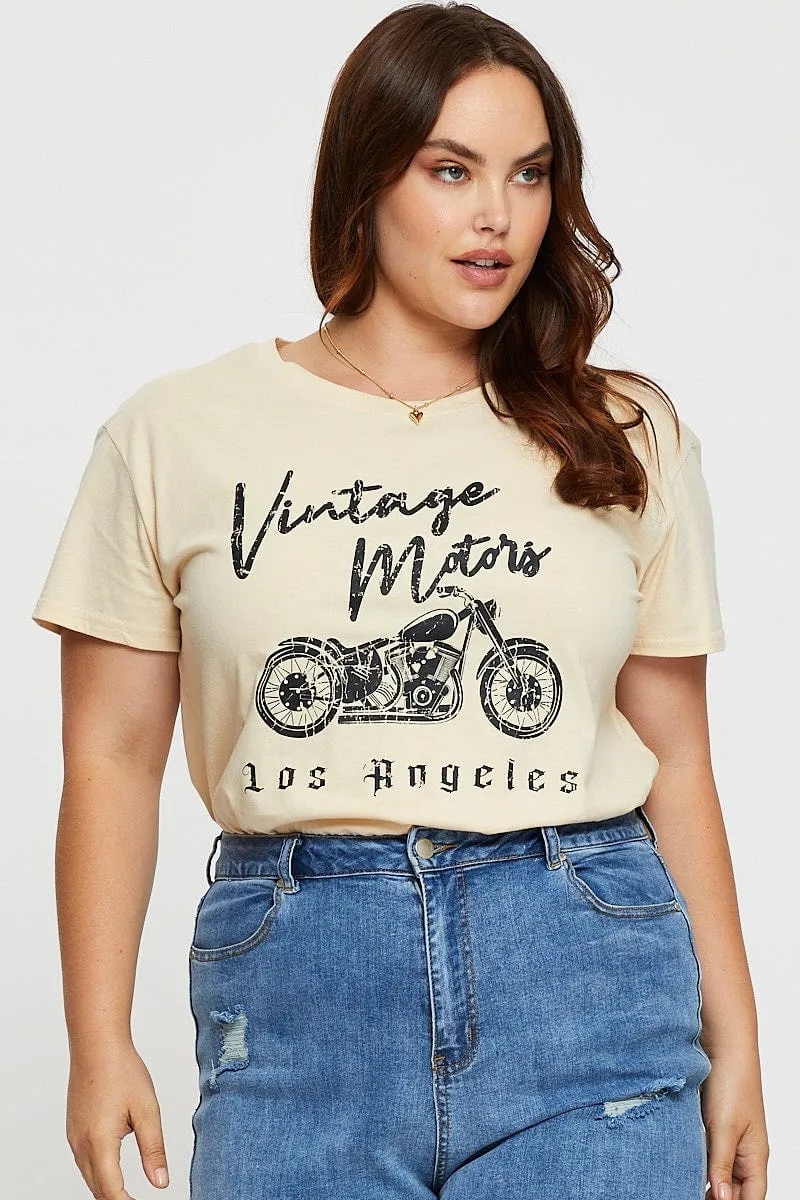 Beige Graphic T-Shirt Vintage Motors Short Sleeve Cotton