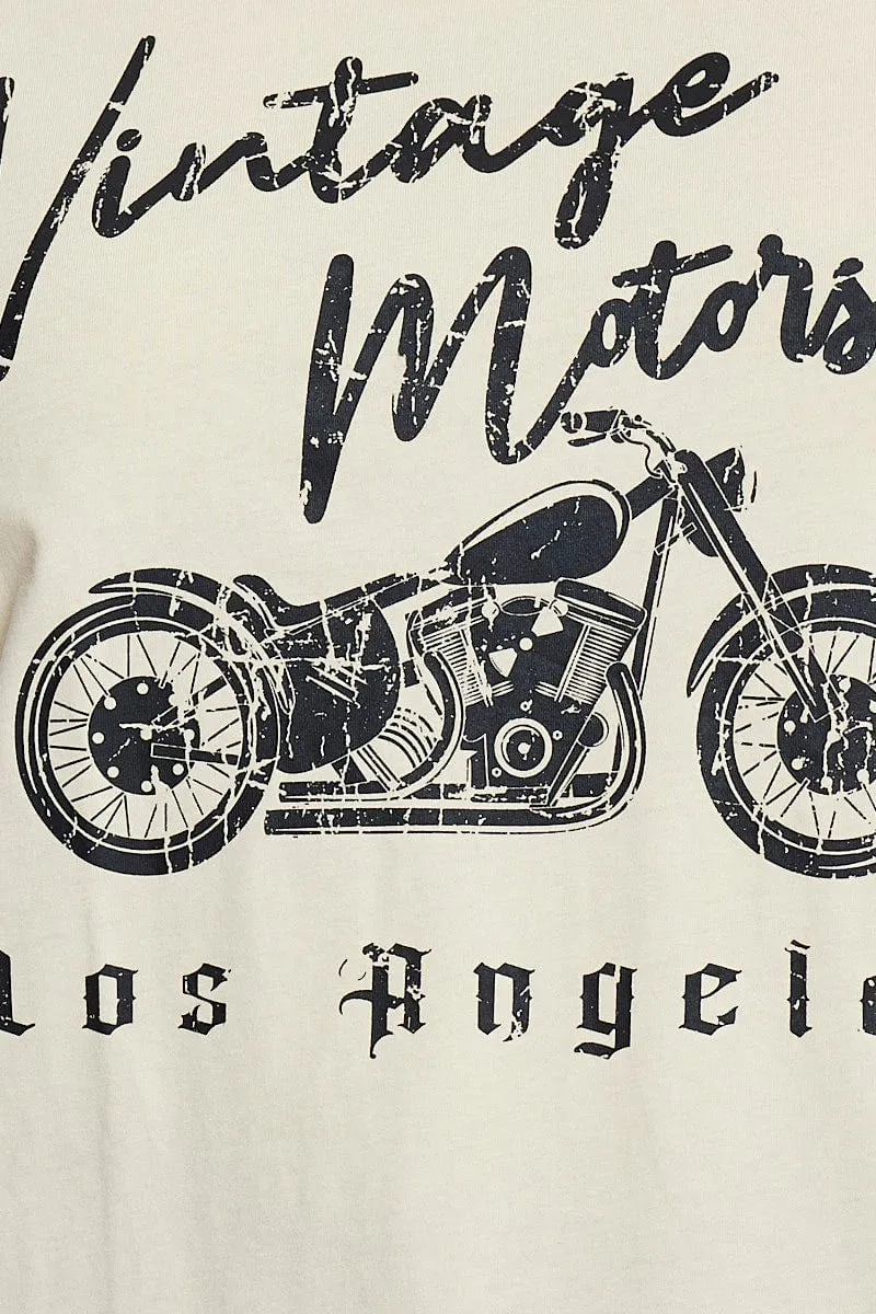 Beige Graphic T-Shirt Vintage Motors Short Sleeve Cotton