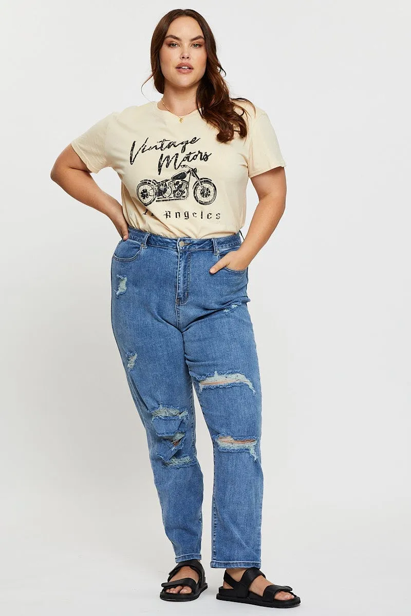 Beige Graphic T-Shirt Vintage Motors Short Sleeve Cotton