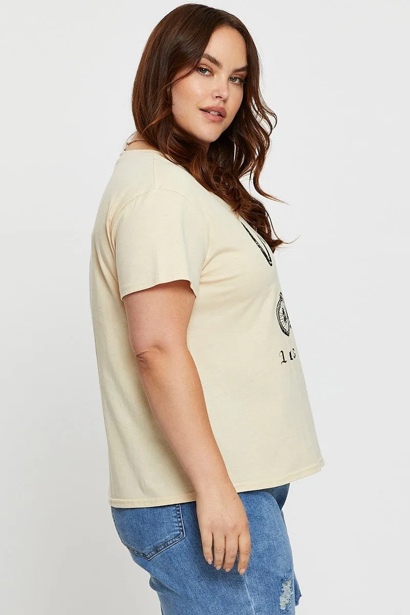 Beige Graphic T-Shirt Vintage Motors Short Sleeve Cotton