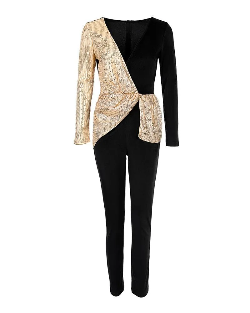 Black and Gold Asymmetrical Body Suit with Skinny Pants