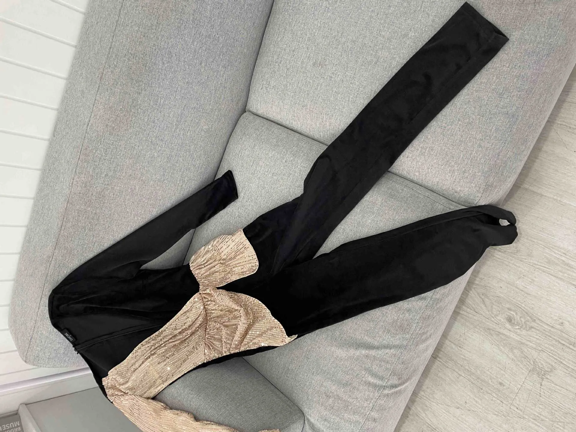 Black and Gold Asymmetrical Body Suit with Skinny Pants