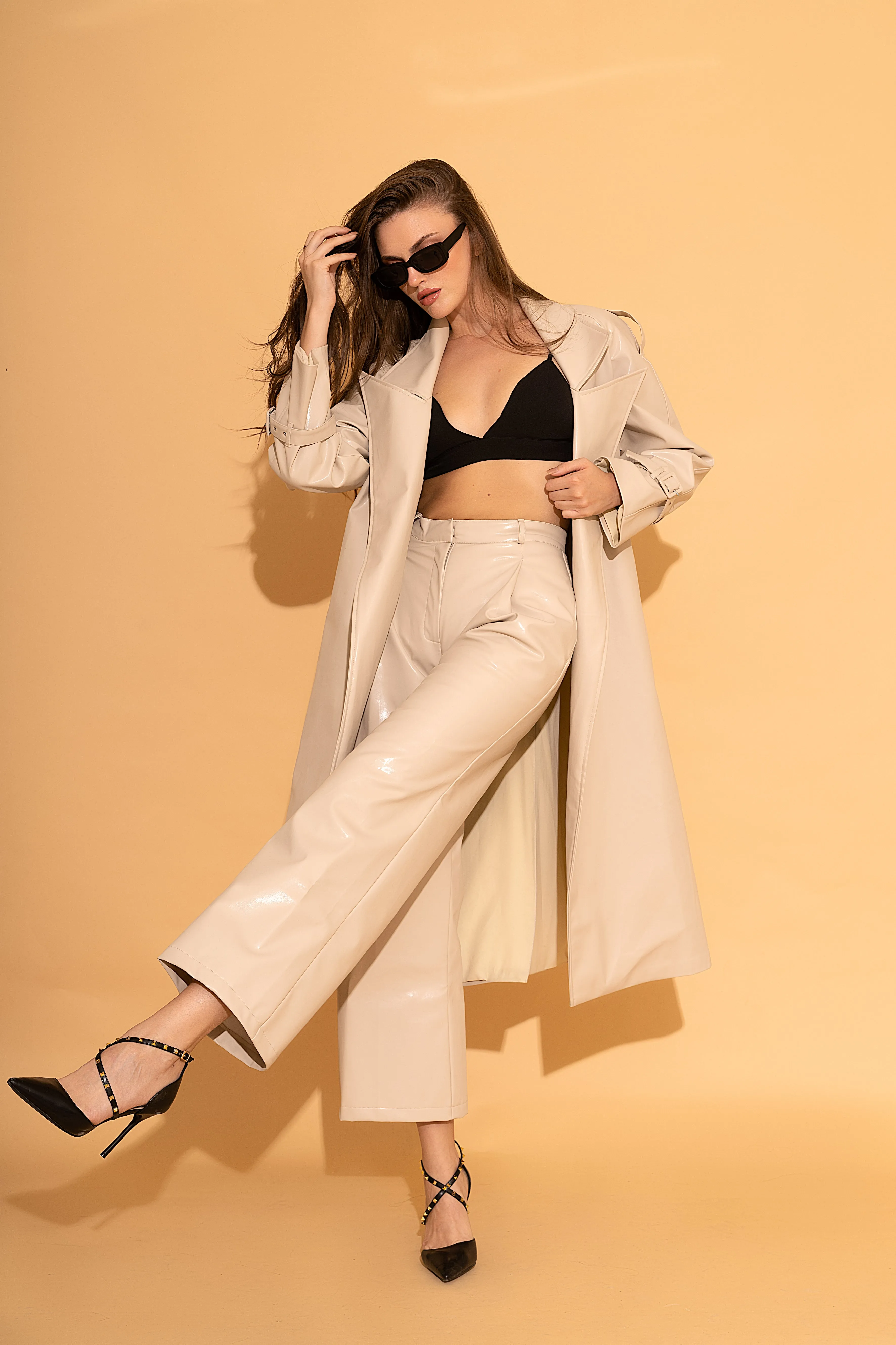 Cream Faux Leather Trench Co-ord Set