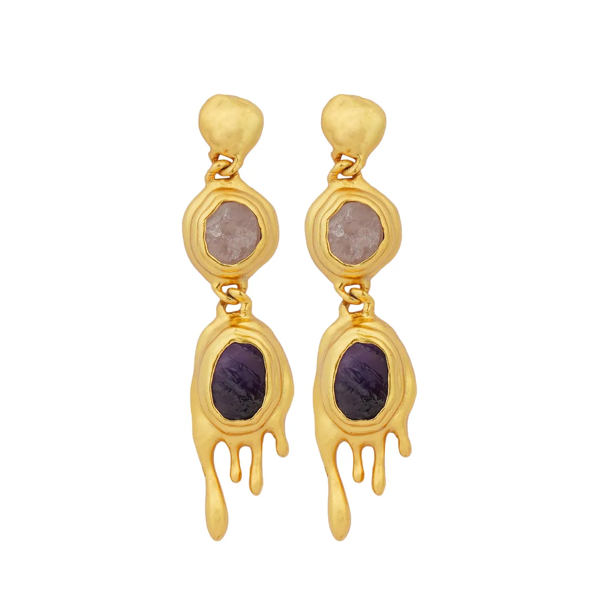 Molten Two Drop Earrings with Rose Quartz and Amethyst