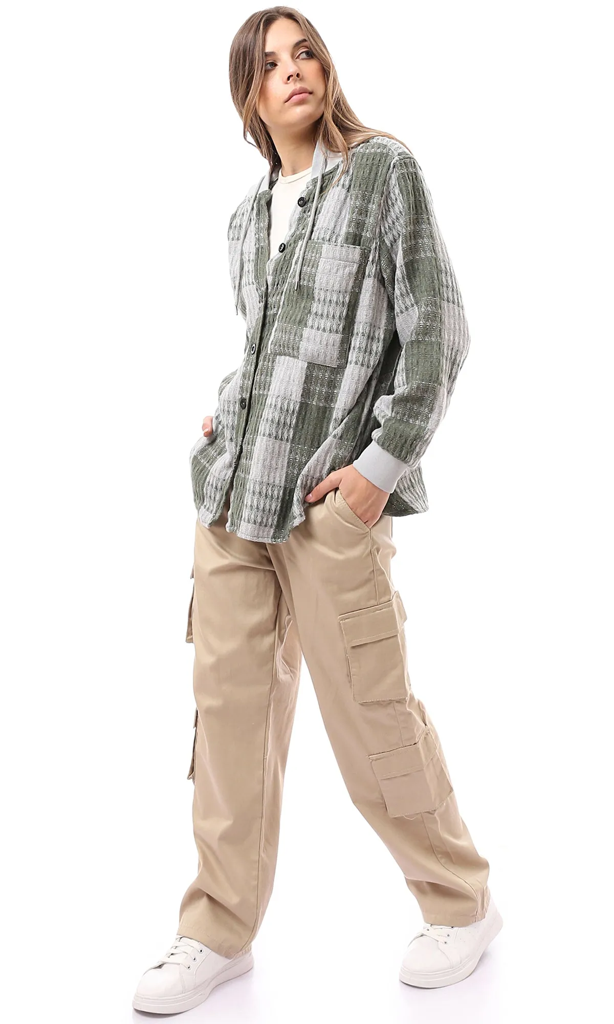 O172926 Olive & White Full Buttons Plaids Winter Shirt