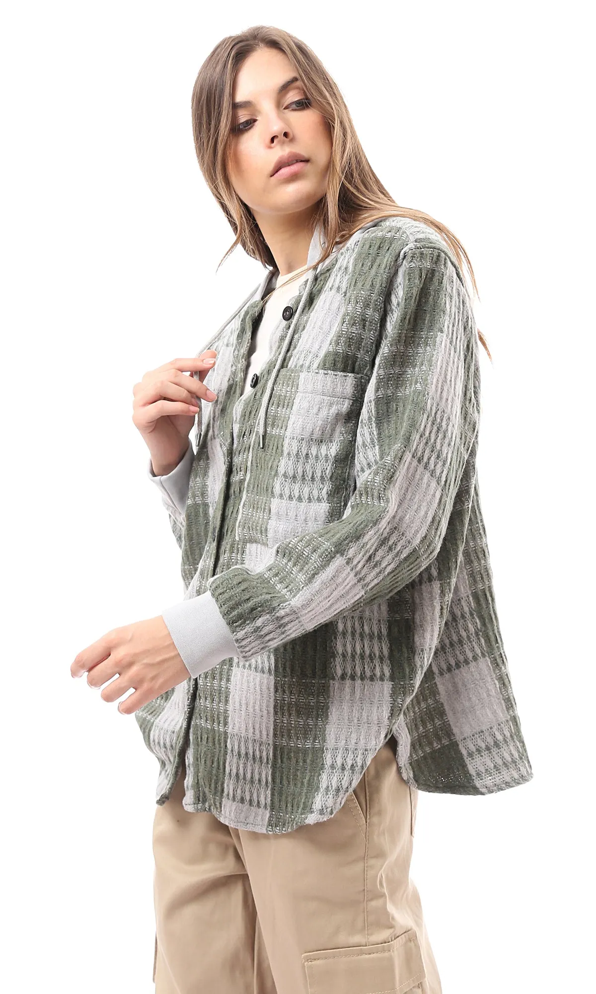 O172926 Olive & White Full Buttons Plaids Winter Shirt