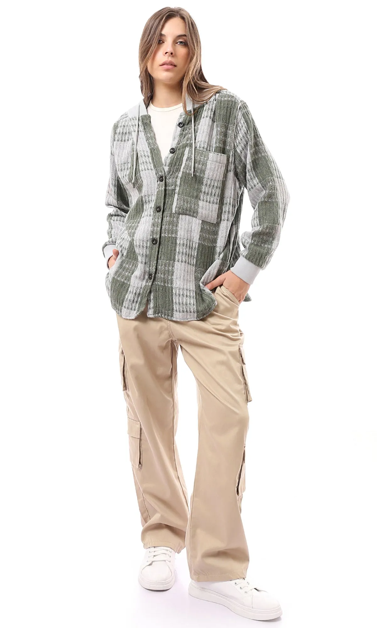 O172926 Olive & White Full Buttons Plaids Winter Shirt