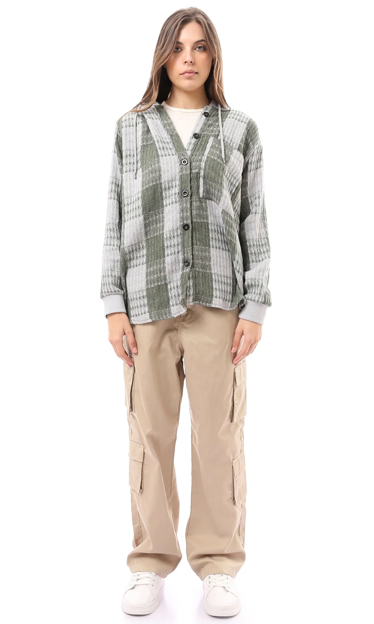 O172926 Olive & White Full Buttons Plaids Winter Shirt