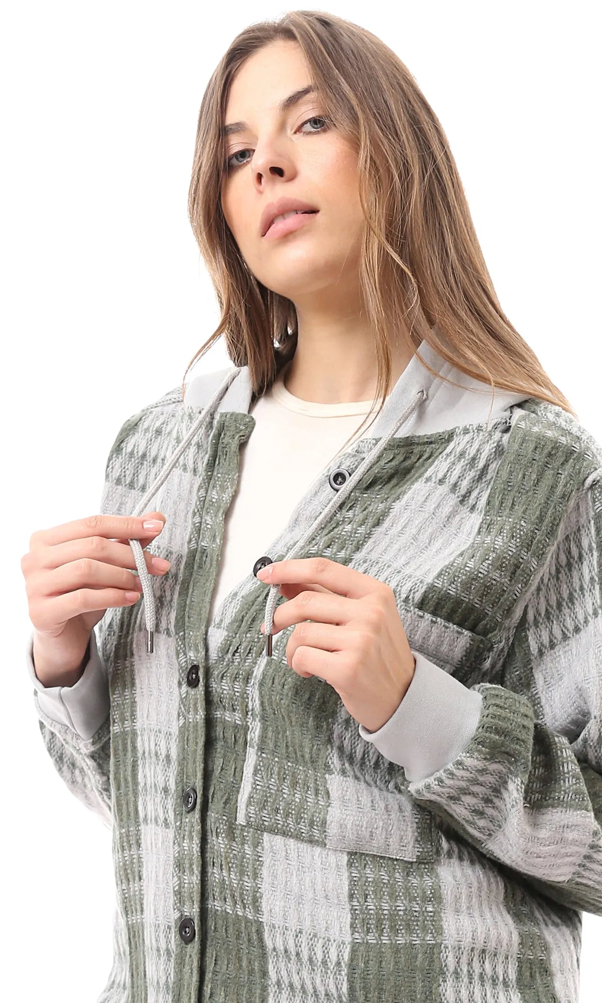 O172926 Olive & White Full Buttons Plaids Winter Shirt
