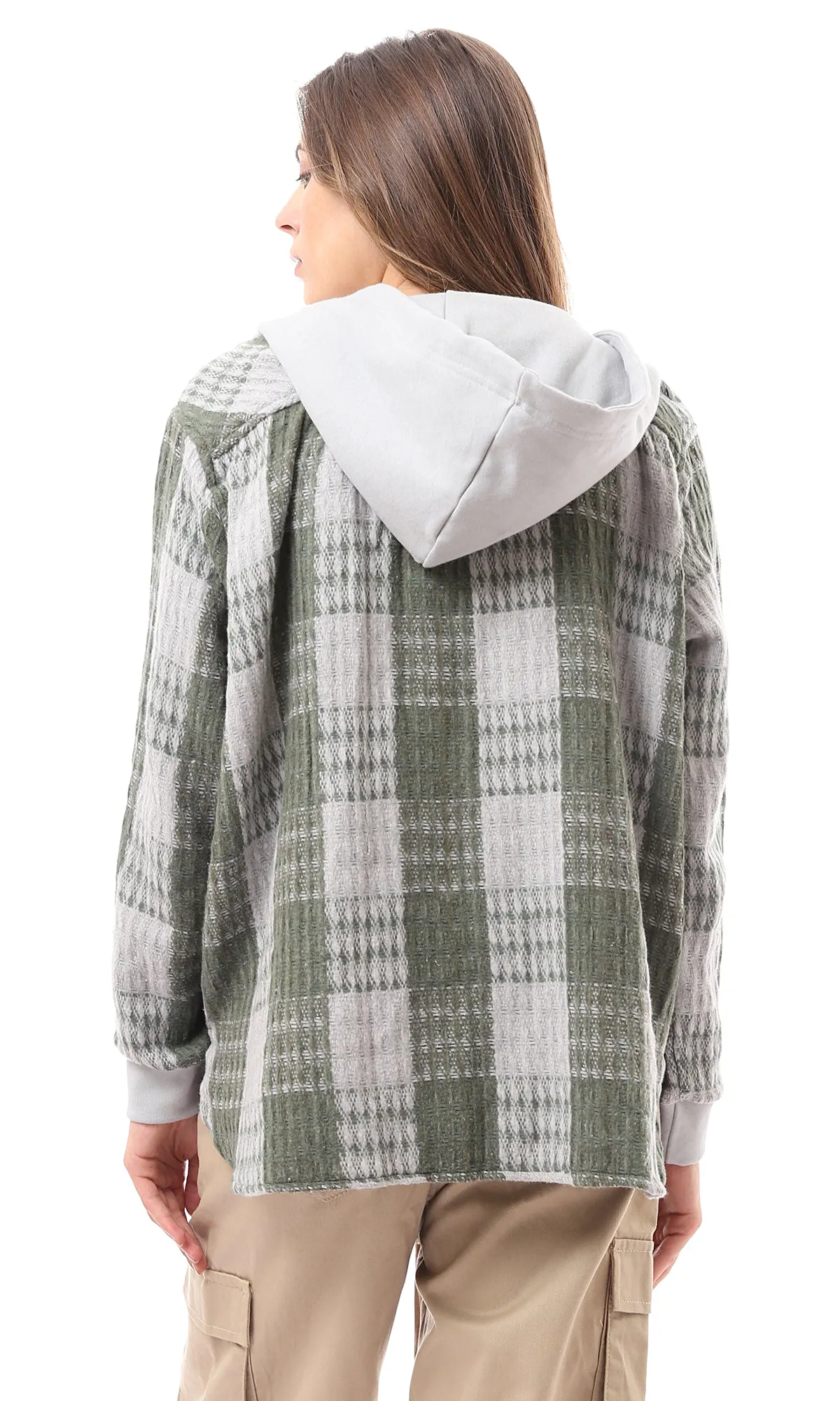 O172926 Olive & White Full Buttons Plaids Winter Shirt