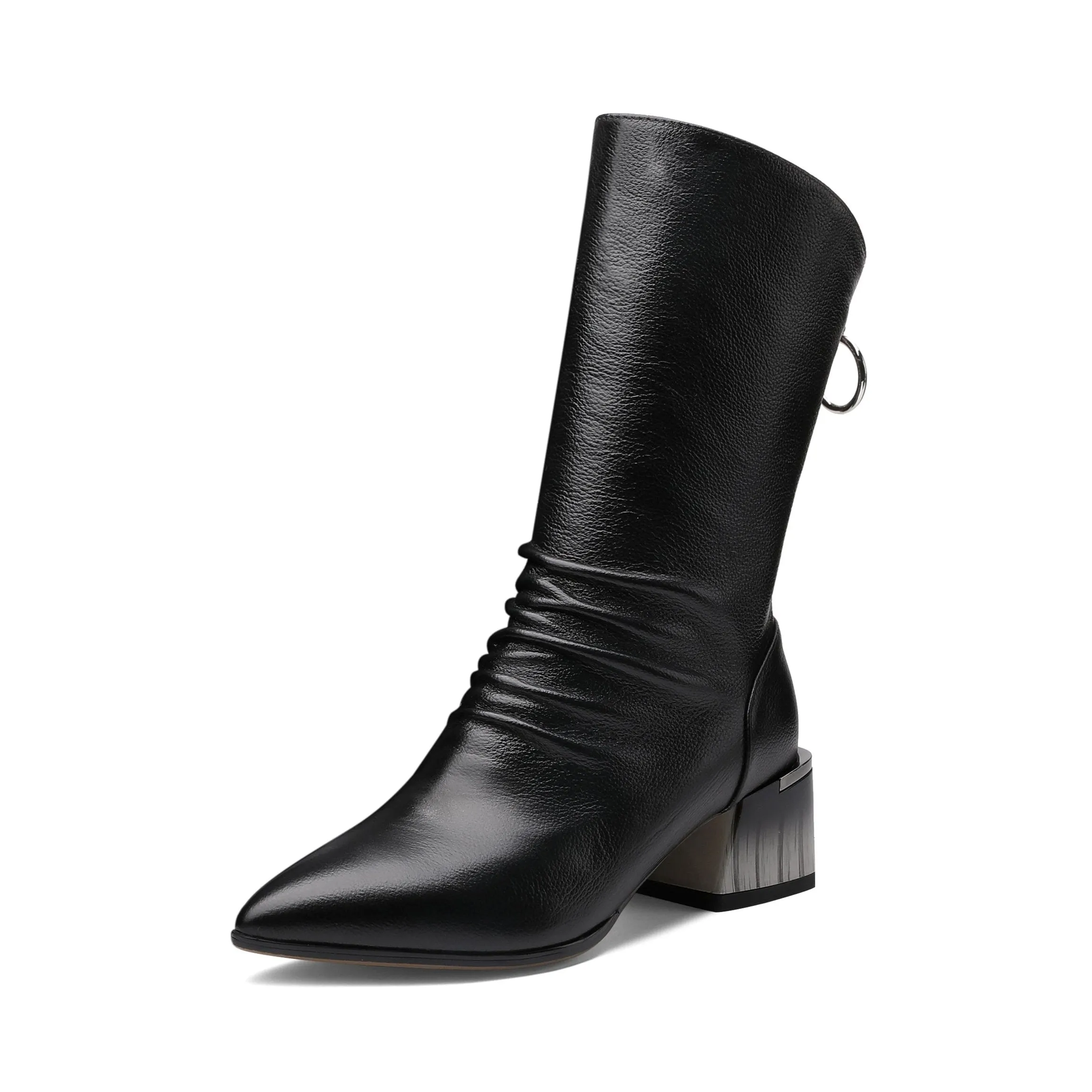 TinaCus Women's Handmade Genuine Leather Pointed Toe Gradient Color Mid Block Heel Back Zip Up Trendy Ruffle Mid-Calf Boots