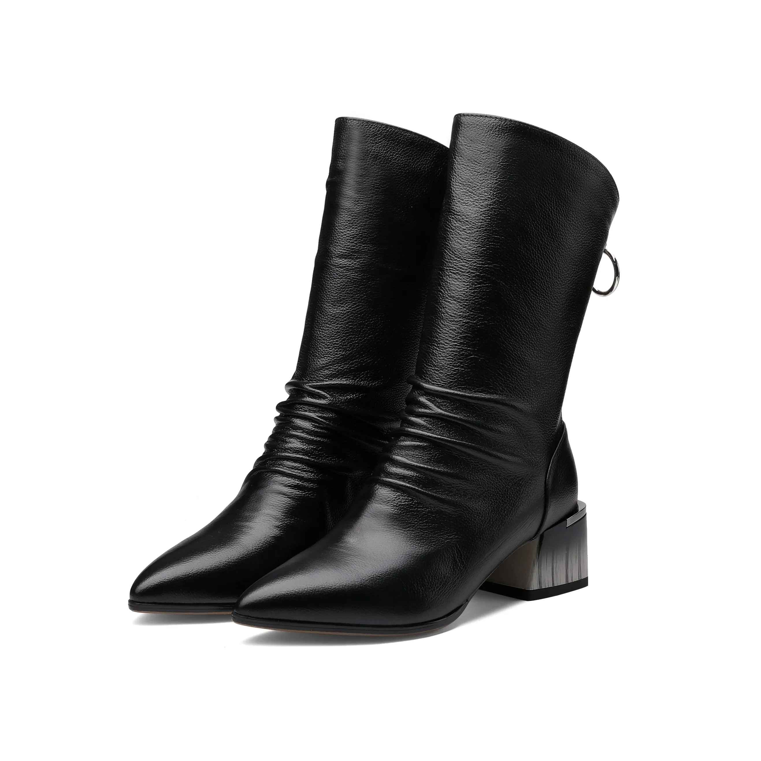 TinaCus Women's Handmade Genuine Leather Pointed Toe Gradient Color Mid Block Heel Back Zip Up Trendy Ruffle Mid-Calf Boots
