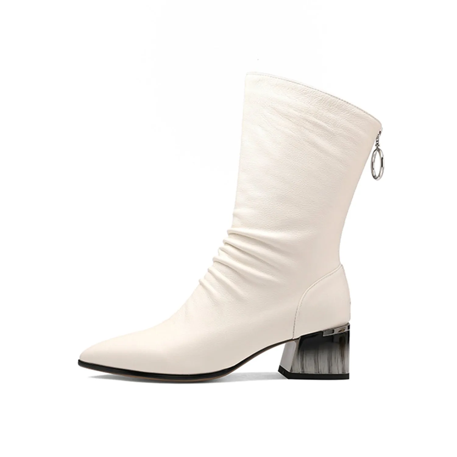 TinaCus Women's Handmade Genuine Leather Pointed Toe Gradient Color Mid Block Heel Back Zip Up Trendy Ruffle Mid-Calf Boots