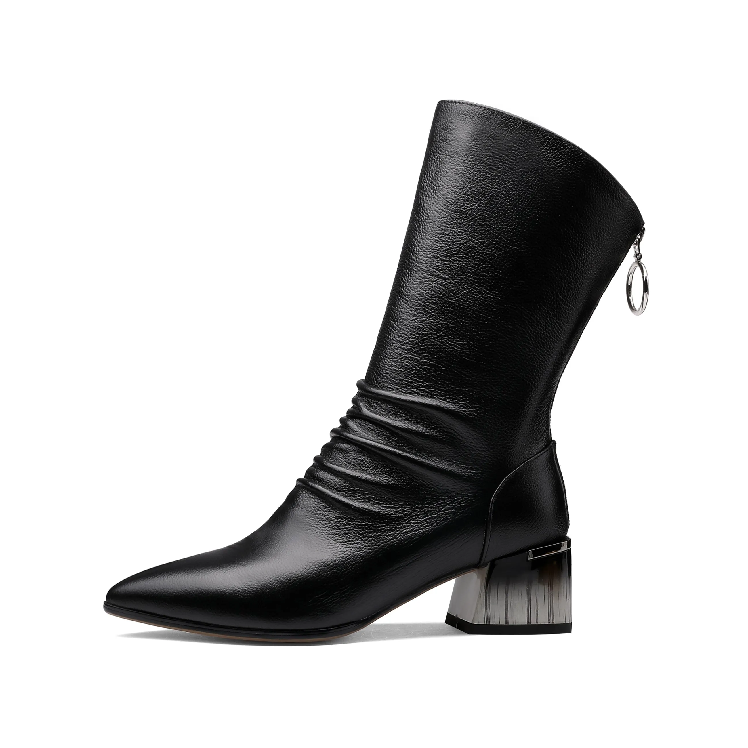 TinaCus Women's Handmade Genuine Leather Pointed Toe Gradient Color Mid Block Heel Back Zip Up Trendy Ruffle Mid-Calf Boots