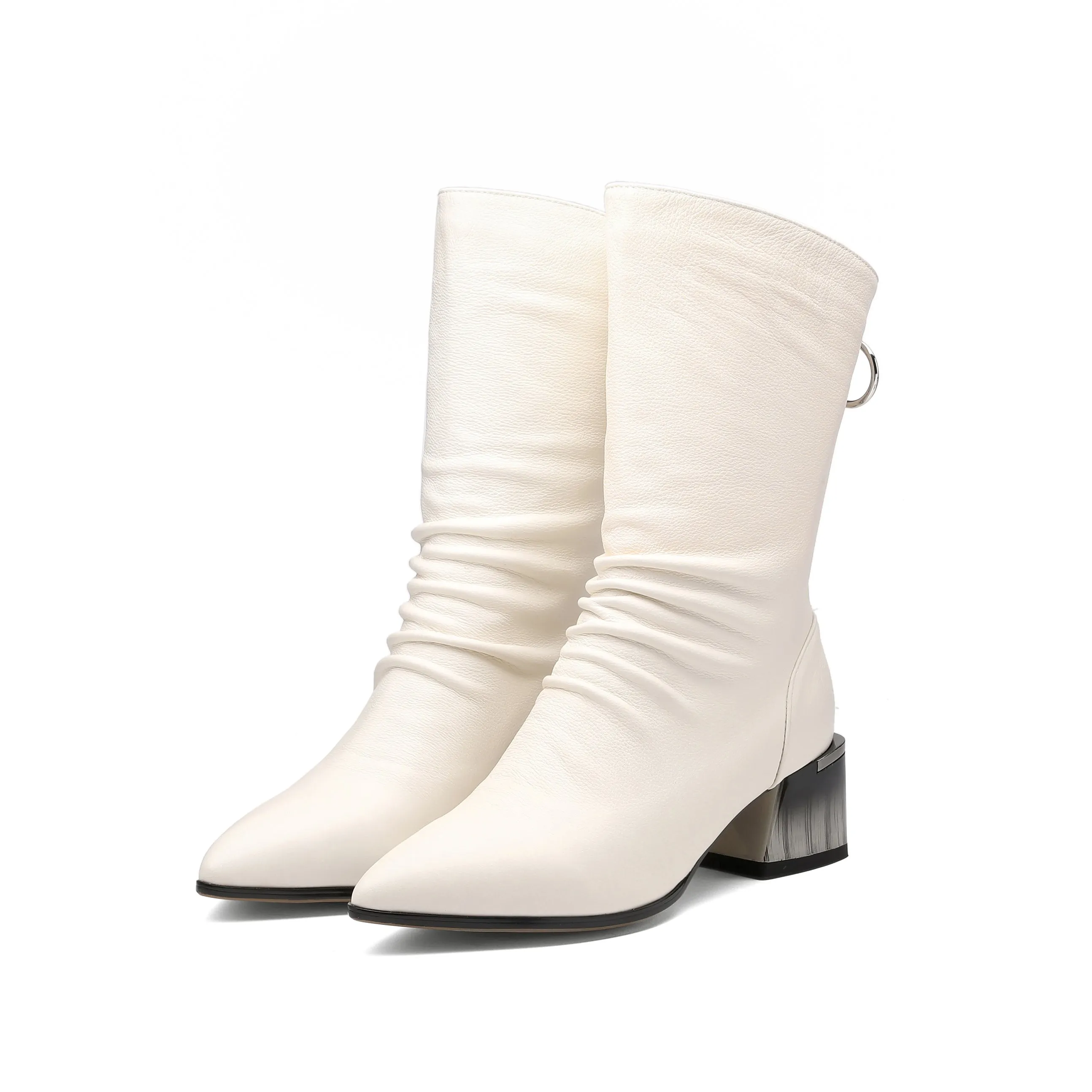 TinaCus Women's Handmade Genuine Leather Pointed Toe Gradient Color Mid Block Heel Back Zip Up Trendy Ruffle Mid-Calf Boots
