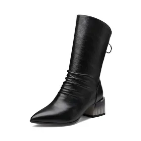 TinaCus Women's Handmade Genuine Leather Pointed Toe Gradient Color Mid Block Heel Back Zip Up Trendy Ruffle Mid-Calf Boots