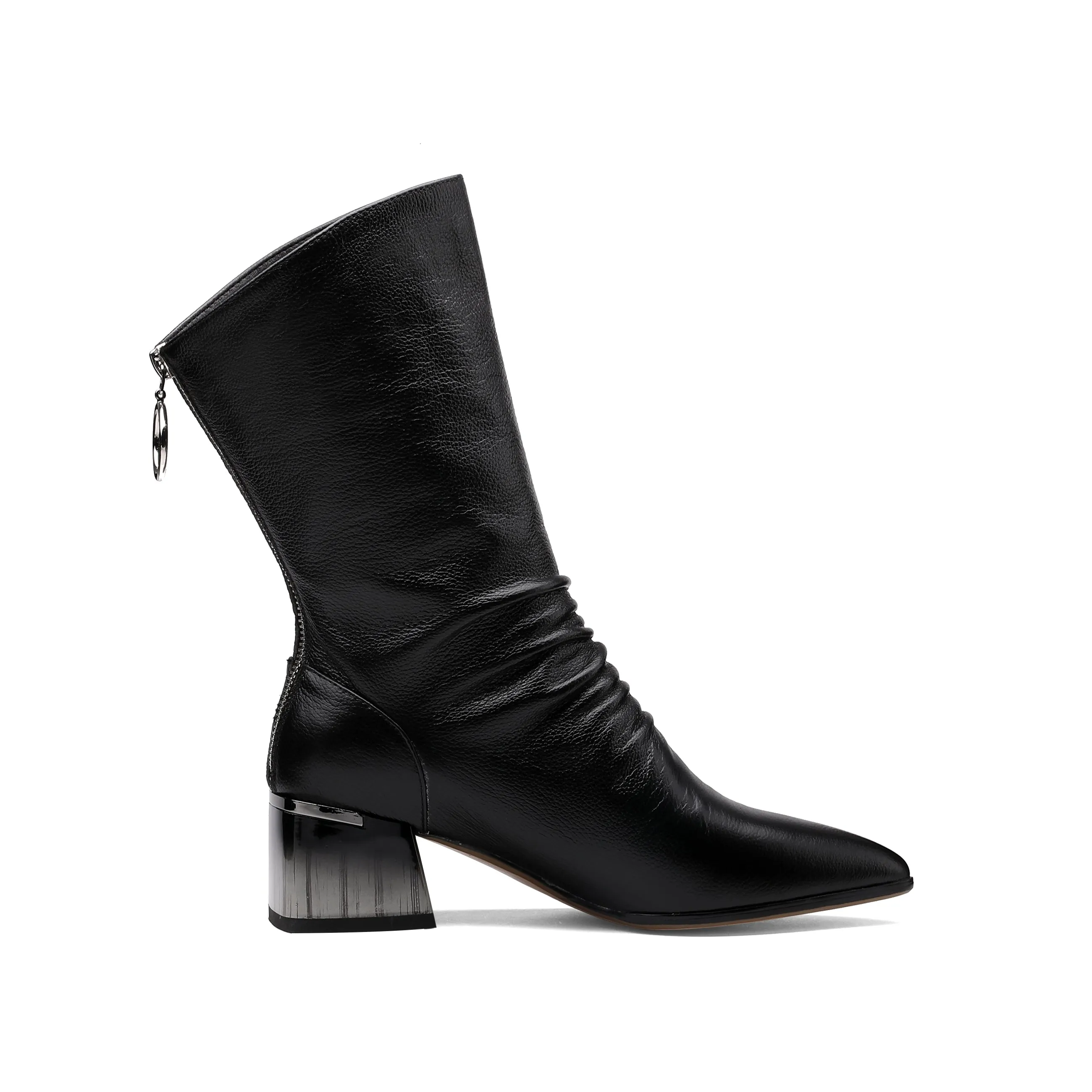 TinaCus Women's Handmade Genuine Leather Pointed Toe Gradient Color Mid Block Heel Back Zip Up Trendy Ruffle Mid-Calf Boots